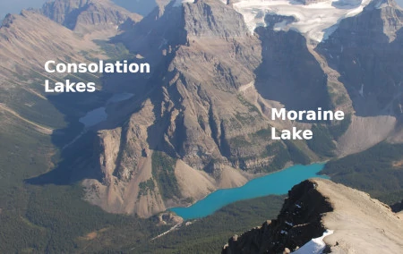 View of Consulation Lakes and Moraine Lake from the top for Mt. Temple.